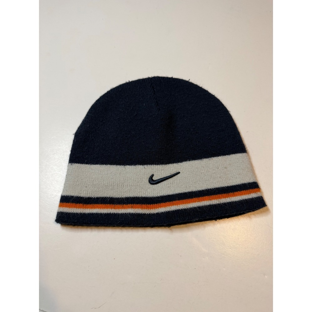 Nike Beanie Hat Navy Blue Grey Orange Stripe Embroidered Swoosh Knit Skull Cap